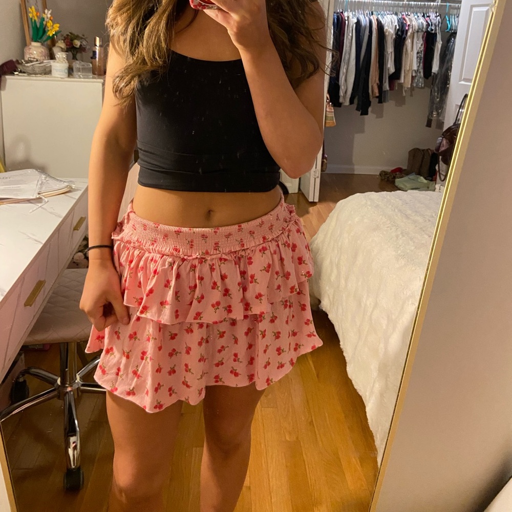 LoveShackFancy Pink Floral Mini Skirt
